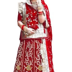 Women's Embroidered Simmer Silk Semi-stitched Rajasthani Rajputi Poshak Lehenga Choli With Dupatta Set (Red)