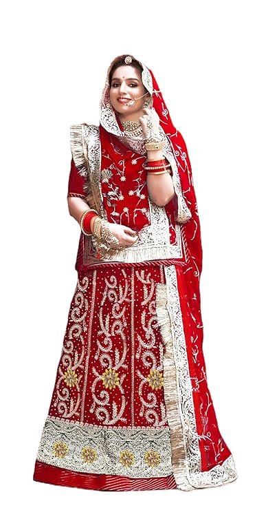 Women's Embroidered Simmer Silk Semi-stitched Rajasthani Rajputi Poshak Lehenga Choli With Dupatta Set (Red)