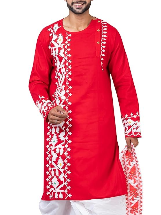 Men’s Cotton Kurta & Silk Dhoti Set | South Indian Traditional Ethnic Wear | Wedding, Puja & Festival Outfit | Full Sleeve Round Neck - Image 3