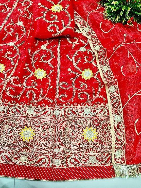 Women's Embroidered Simmer Silk Semi-stitched Rajasthani Rajputi Poshak Lehenga Choli With Dupatta Set (Red) - Image 3
