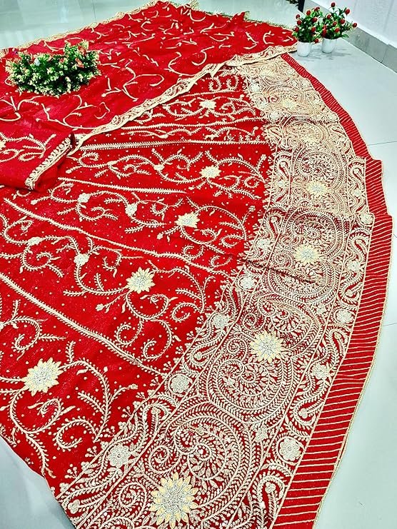 Women's Embroidered Simmer Silk Semi-stitched Rajasthani Rajputi Poshak Lehenga Choli With Dupatta Set (Red) - Image 4