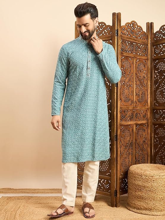 Tavasya Men Rayon Geometric Embroidered Mandarin Collar Straight Kurta - Image 7