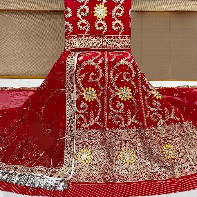 Women's Embroidered Simmer Silk Semi-stitched Rajasthani Rajputi Poshak Lehenga Choli With Dupatta Set (Red) - Image 5